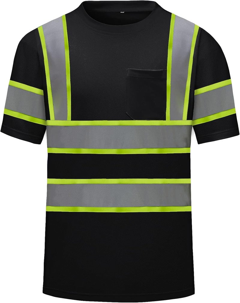 DPSAFETY High Visibility Shirts Quick Dry Safety T Shirts with Reflective Strips and Pocket Short Sleeve Mesh Hi Vis Construction Work Class 2 Shirt for Men/Women Black,4XL - Image 1